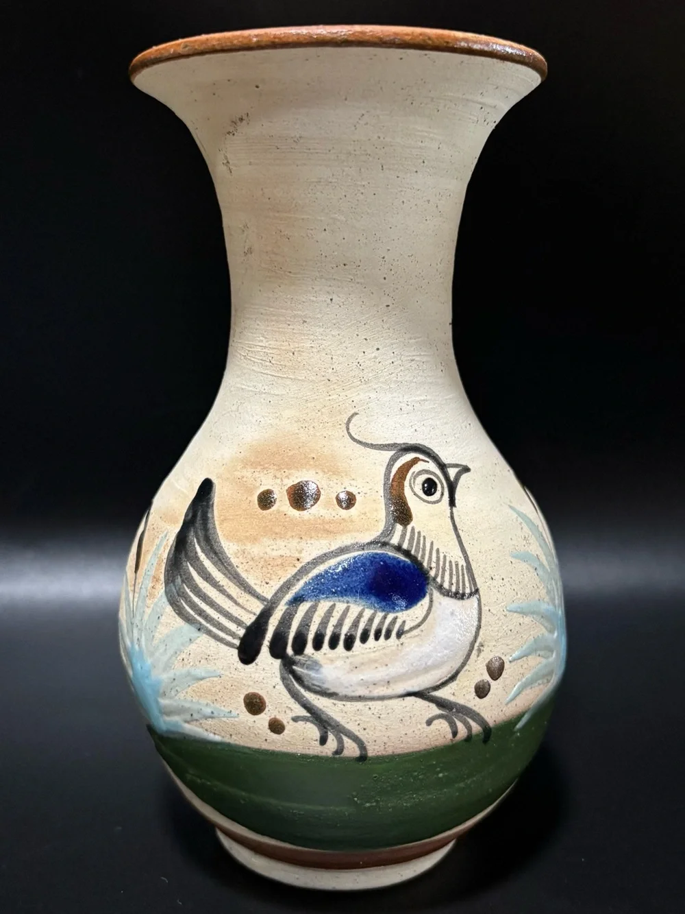 Vintage Tonala Mexican Pottery Vase Hand Painted Folk Art Bird Sandstone 6.5”